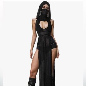 High Slit Sheer Mock Neck Dress with Hood
